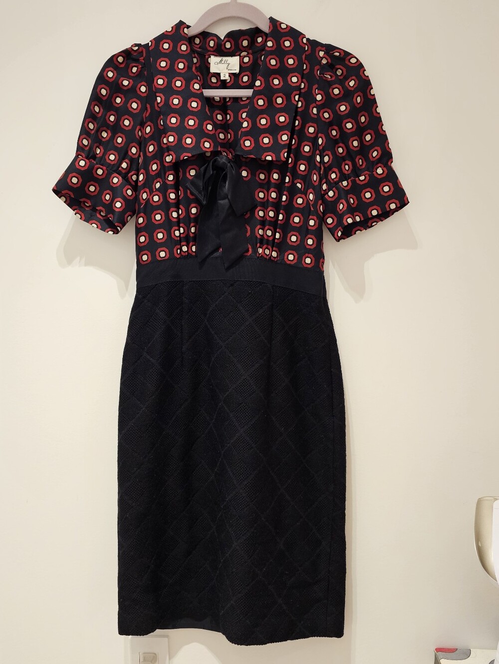 Milly black and Red Geometric Tie-Neck Midi Dress
